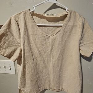 Women's Beige V-Neck Short Sleeve Top